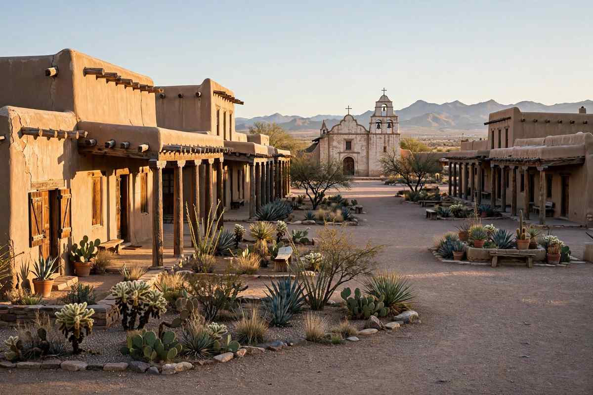 Organ Mountains glowing at sunset behind the historic Mesilla Plaza in Las Cruces